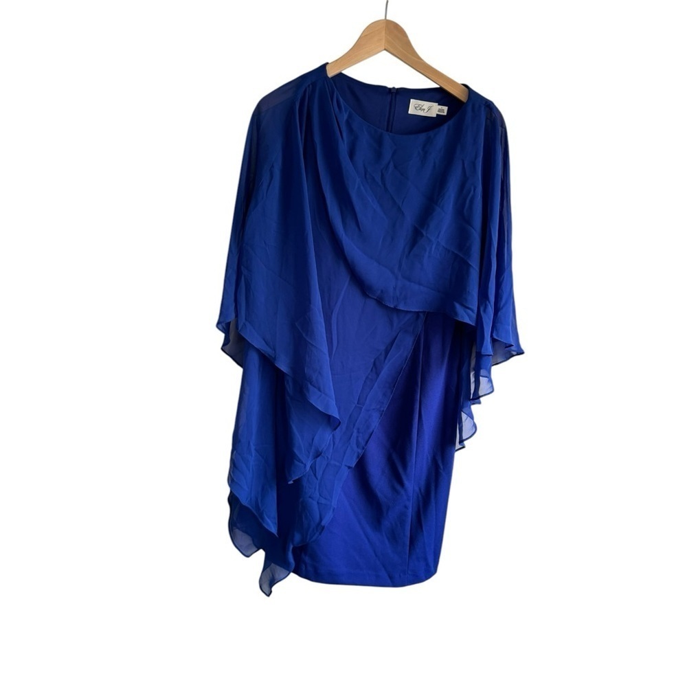 Eliza J Chiffon Cape Draped Sleeveless Blue 4 Sheath‎ Evening Dress - Picture 3 of 10